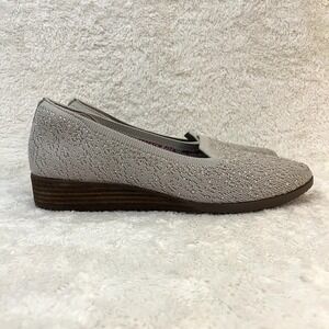 SKECHERS Cleo's Loafer Womens Sz 11 Memory Foam Stretch Taupe Sparkle Wedge Shoe